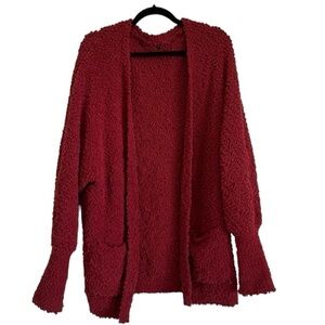 Super cozy crimson red fuzzy open front cardigan with pockets size XL